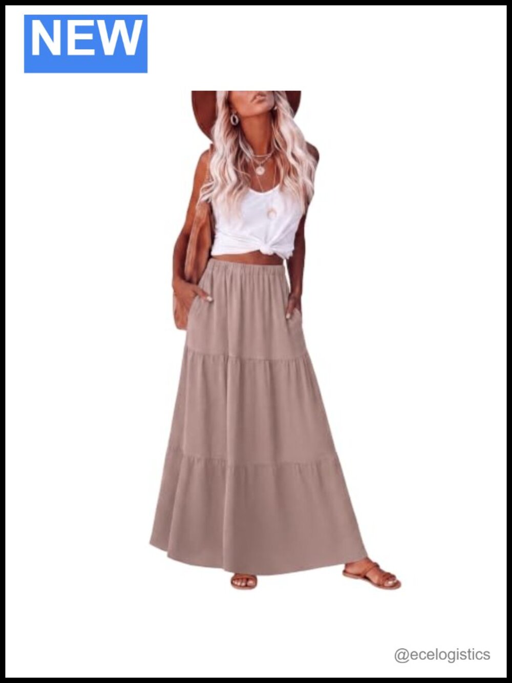 Women Tiered Maxi Skirt High Waist Flowy Pockets